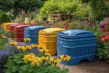 brightly colored compost bins stand out in the garden, with blue and yellow flowers blooming nearby, created with generative ai