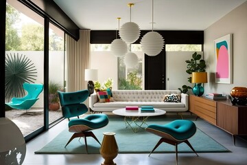 mid-century modern living room, with sleek furnishings and pops of color, created with generative ai
