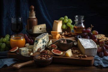 classic cheeseboard with variety of ferments and cheeses, created with generative ai