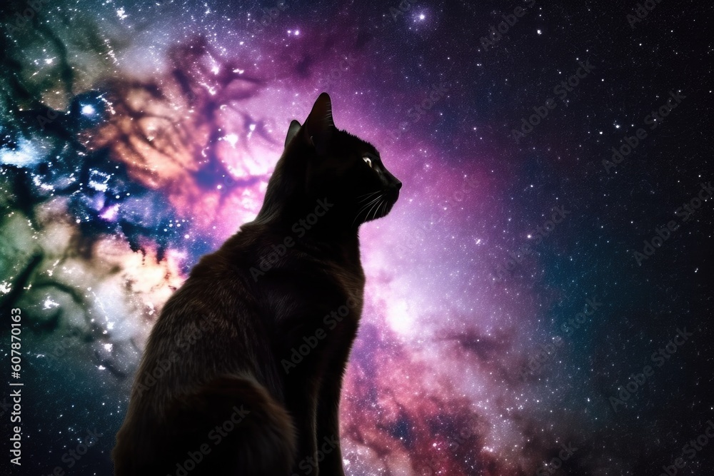 Wall mural cosmic nebula with silhouette of feline and canine astronaut in space, created with generative ai