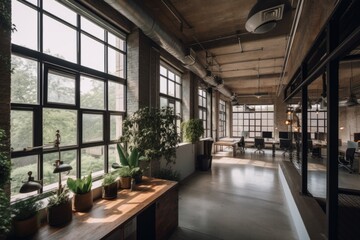 adaptive reuse and renovation project, where old factory has been transformed into modern office space, created with generative ai