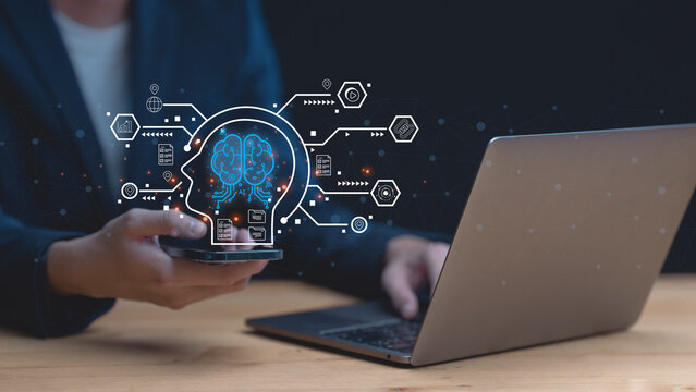 Businessman touch on cloud computing diagram show on hand. Technology internet storage network. Cloud technology. Data storage, data transfer, Networking and internet service concept.	