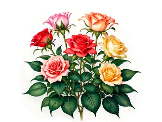 Zelfklevend Fotobehang Colorful roses on white background, watercolor style. Generative AI © Elya.Q