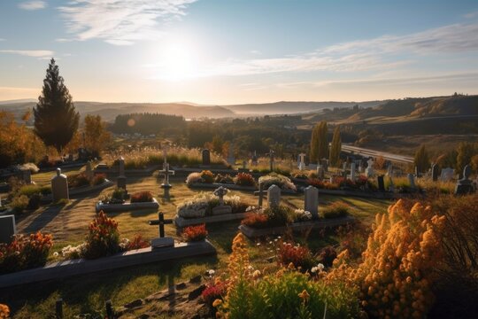 view of cemetery with beautiful landscape and serene setting, created with generative ai
