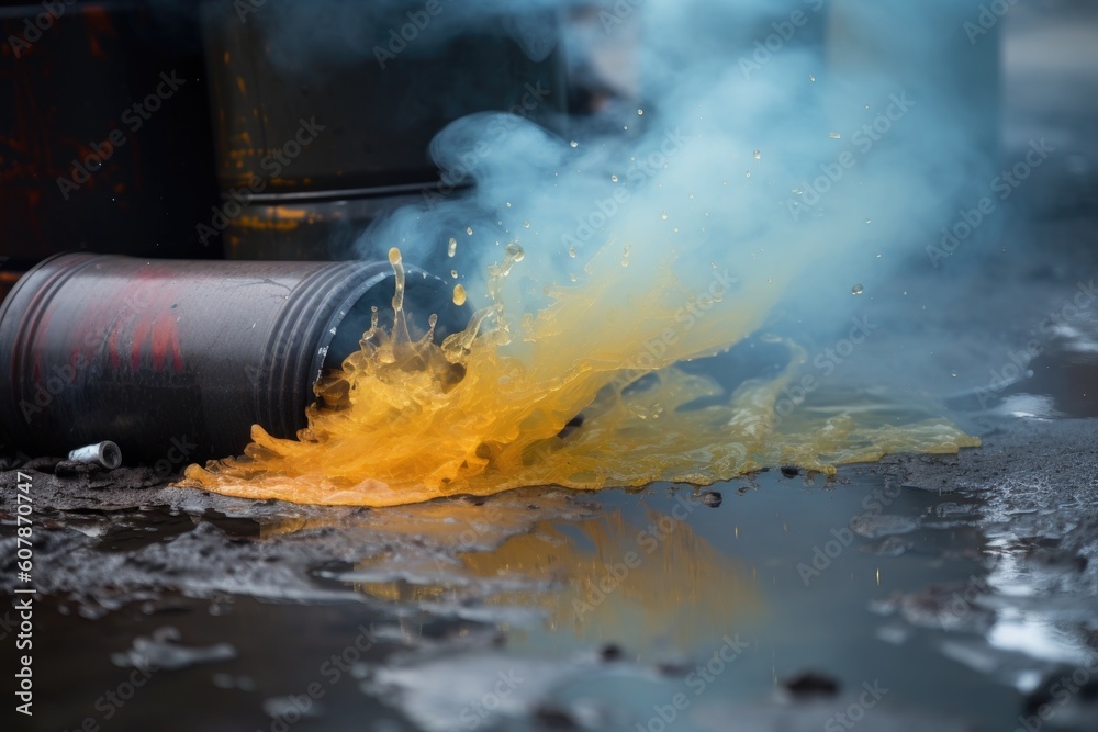 Sticker close-up of hazardous chemical spill, with droplets and vapors visible, created with generative ai