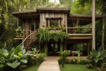 eco-friendly guesthouse, surrounded by lush greenery, with wooden exterior and natural accents, created with generative ai