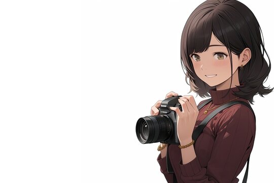 Asian Woman Photographer White Background Extremely Gorgeous Copy Space Generative AI