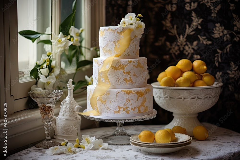Wall mural vintage-inspired wedding cake with delicate sugar flowers and lemon ribbon accents, created with generative ai - Wall murals