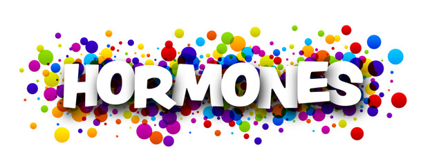 Hormones sign over colorful round dots confetti background. Design element. Vector illustration.