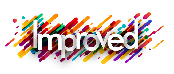 Banner with improved sign over colorful lines background. Design element. Vector illustration.