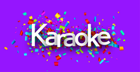 Karaoke sign over colorful cut out ribbon confetti background. Design element. Vector illustration.