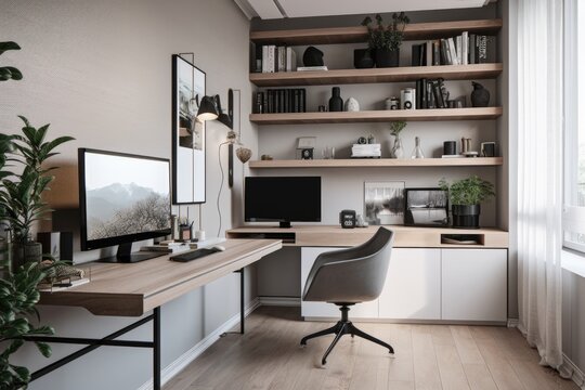 home office with clean, minimalist design and modern furniture, created with generative ai