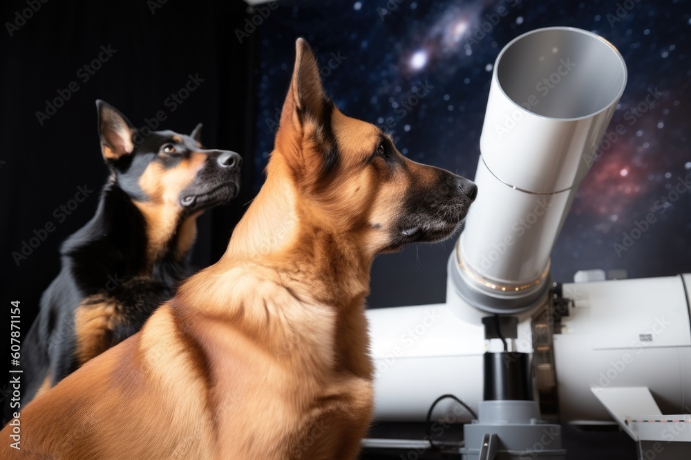 Wall mural feline and canine astronauts observing nebula with their space telescopes, created with generative a
