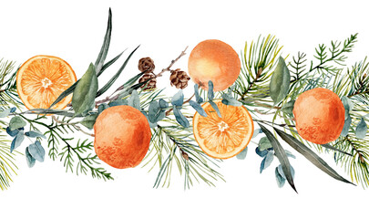 Christmas composition. Seamless border. Christmas watercolor decoration with spruce branches, cones, oranges and berries.