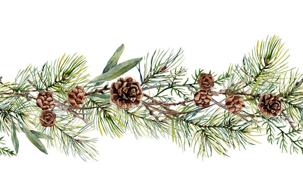 Christmas composition. Seamless border. Christmas watercolor decoration with spruce branches and chicas.