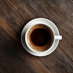 A cup of coffee on a wooden table that clearly shows the texture of the wood. Flat lay view.
