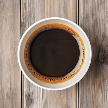 A cup of coffee on a wooden table that clearly shows the texture of the wood. Flat lay view.
