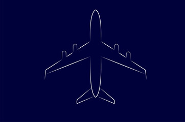 Passenger plane bottom view on dark blue background, simple vector illustration