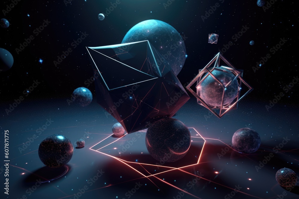 Wall mural 3d geometric form floating in space, with stars and planets visible in the background, created with 
