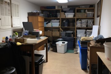 decluttering room, with bins of items to donate, recycle and trash, created with generative ai