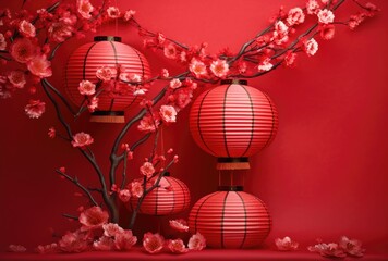 Illustration in the Chinese style of elegant Chinese lanterns with cherry blossoms on a red background. Generative AI