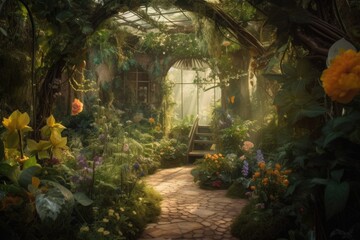 an enchanted garden with magical creatures and plants, hidden away from the world, created with generative ai