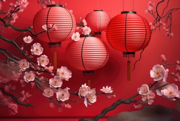 Illustration in the Chinese style of elegant Chinese lanterns with cherry blossoms on a red background. Generative AI