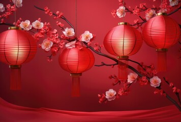Illustration in the Chinese style of elegant Chinese lanterns with cherry blossoms on a red background. Generative AI