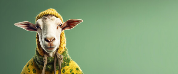 Illustration of a funny goat wearing a yellow and green sweater, and a woolen hat, against a dark green background. Generative AI