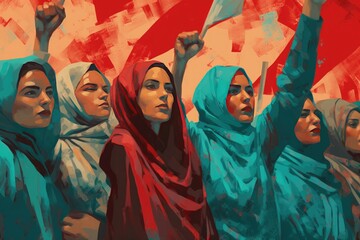 An illustration of women holding flags inspired by Indian pop culture, portraying the concept of strong and empowered women. Generative AI