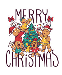 Merry Christmas Gingerbread Family Fun Love Tree Gifts New Year