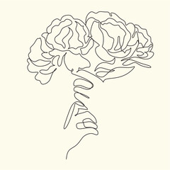 Woman Line Art Self Love Minimalist Logo. Nature Organic Cosmetics Makeup. Flower head Feminine Illustration line drawing. Woman face with flowers and butterfly