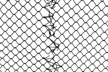 The texture of the metal mesh on a white background. Torn steel, metal mesh with holes