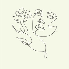 Obraz premium Woman Line Art Minimalist Logo. Nature Organic Cosmetics Makeup. Flower head Feminine Illustration line drawing. Woman face with flowers line