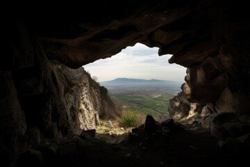 cave in mountain, with view of the horizon and distant mountains, created with generative ai
