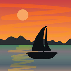 Sea landscape background. Boat mountains moon reflection in water at beautiful nature design. Vector illustration.