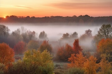 Fototapeta premium a misty sunrise over the forest, with the trees in their autumn colors, created with generative ai