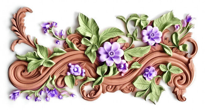 Painted wood carving, bas relief style floral design with carved wood branches, green leaves, and purple flowers, on a white background. Abstract illustration created with Generative AI technology.