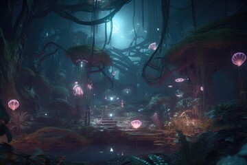 dreamlike forest with strange lights and otherworldly music, inhabited by alien creatures, created with generative ai