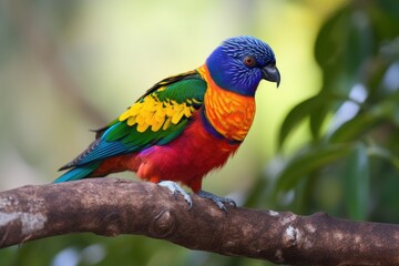 Obraz premium bird with colorful plumage and vivid feathers perched on tree branch, created with generative ai