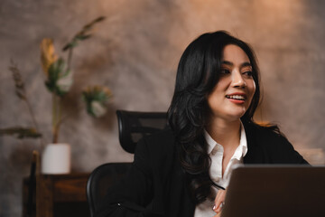 Portrait of young smiling woman looking at camera, Happy girl working relax in creative office. Successful businesswoman with copy space, Programmers cooperating at IT company developing apps