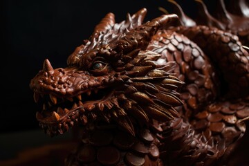 Obraz premium chocolate sculpture of a dragon, with scaly texture and intricate details, created with generative ai