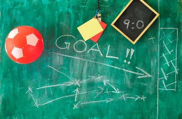 Foto op Canvas Soccer or football sport concept with soccer ball, referee whistle and accessoires, red and yellow cards, free copy space © Kirsten Hinte