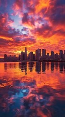 Sunset Splendor: Abstract Watercolor Cityscape with Reflections - AI Generative