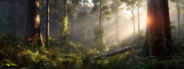 view of forest with sunrays, ai generated