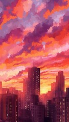 Watercolor Dreams: Abstract Fiery City Skyline Reflected in Water - AI Generative
