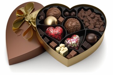 heart-shaped box of assorted truffles in flavors such as cherry, caramel, and hazelnut, created with generative ai