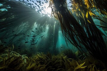 Fototapeta na wymiar kelp forest with schools of fish swimming among the fronds, created with generative ai