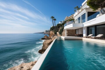 luxury vacation home, with infinity pool and private beach, in the mediterranean, created with generative ai