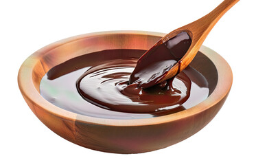 melted chocolate with a wooden spoon in a wooden bowl on a transparent background